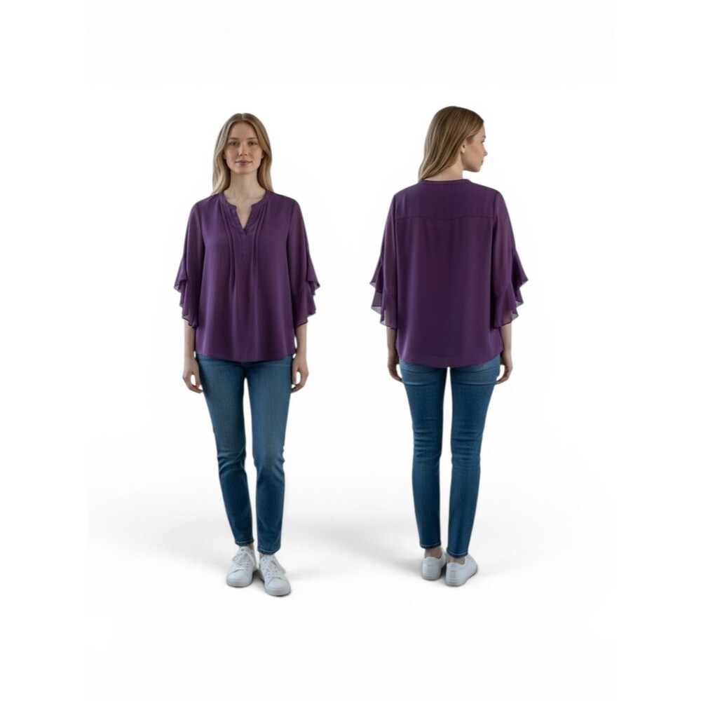 Women's Purple Flutter-Sleeve Split-Neck Blouse